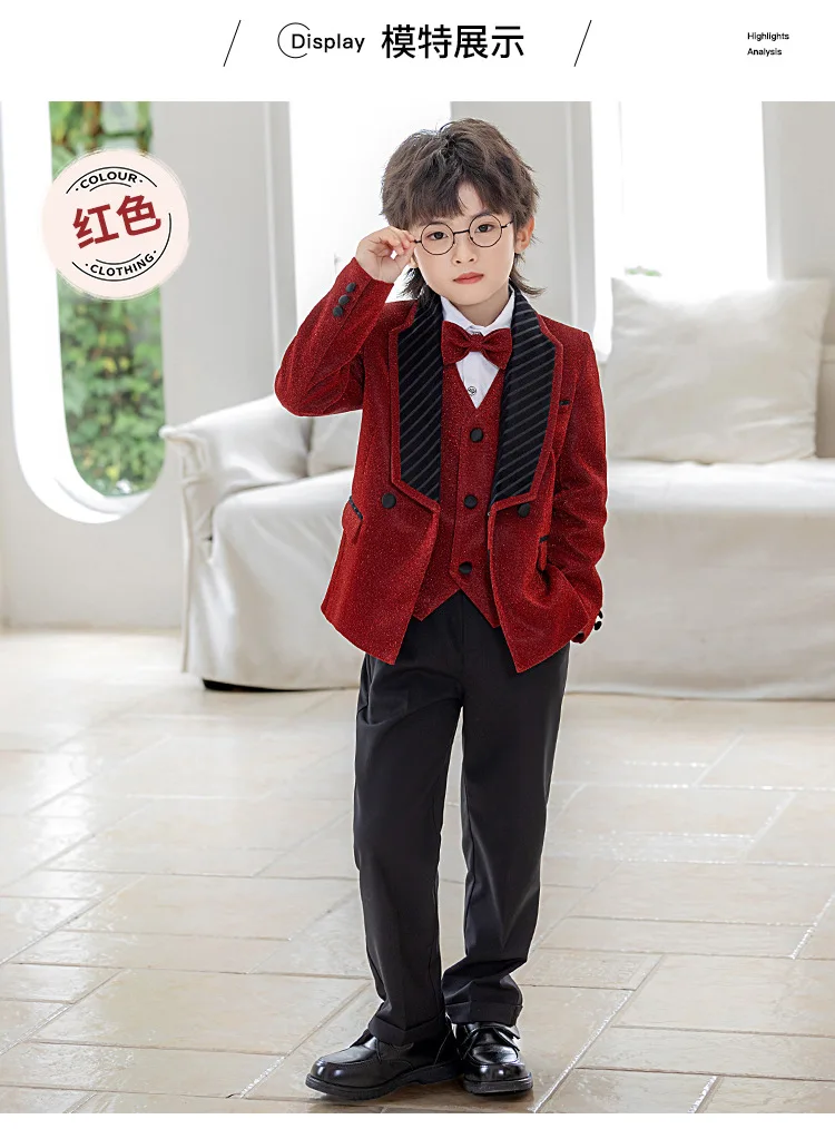Kinderanzug-Set, Jungen Neujahrs-Bühnenkostüm, Laufsteg-Show Moderator-Outfit, Auftritts-Kostüm, Blazer für Blumenmädchen Geburtstagsfeier A5052 – Detail 5