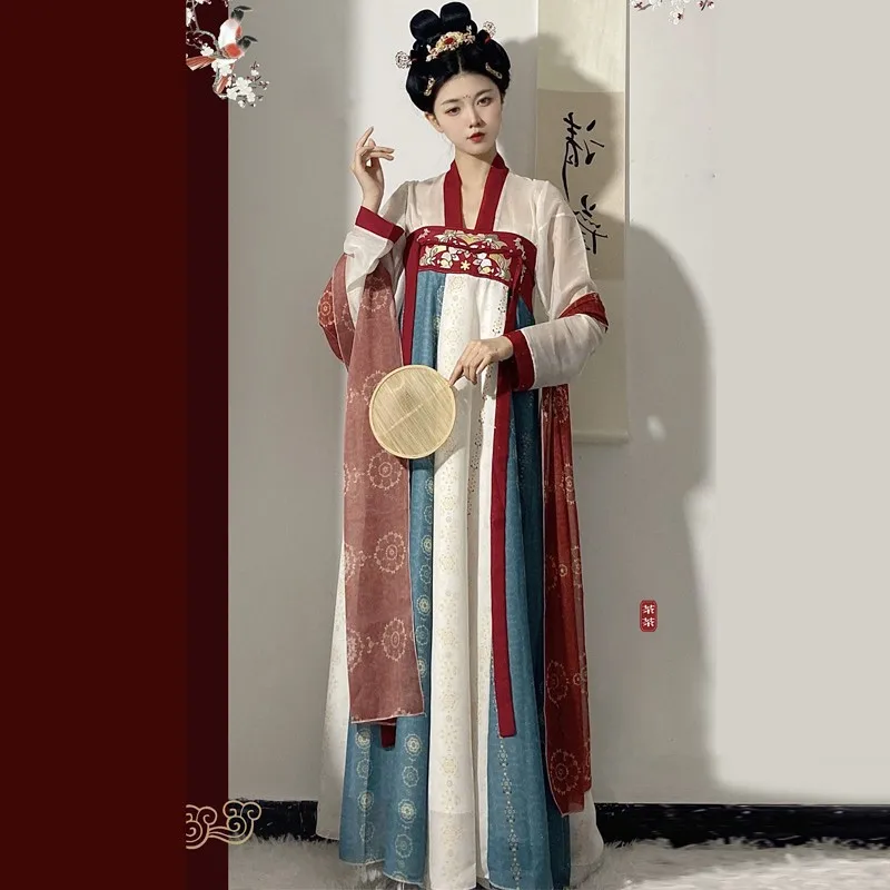 Vestido tradicional chinês hanfu feminino, design original, estilo Tang Dynasty, estampado e bordado, novo para adulto