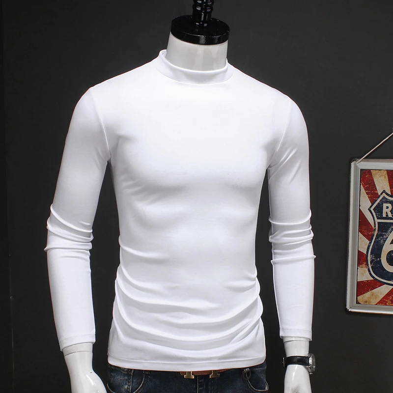 

Men's Long Sleeve White T-shirts Little Turtleneck Mercerized Cotton Solid T Shirt Mens Slim Fit Tshirt Spring Autumn Clothes