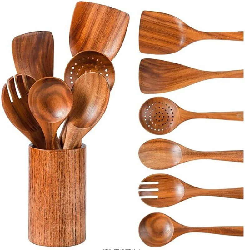 6/7/8Pcs Wooden Spatula Long Handle Rice Spoon Wooden Soup Spoon Spatula Cooking Spoons Kitchen Accessories House Kitchenware