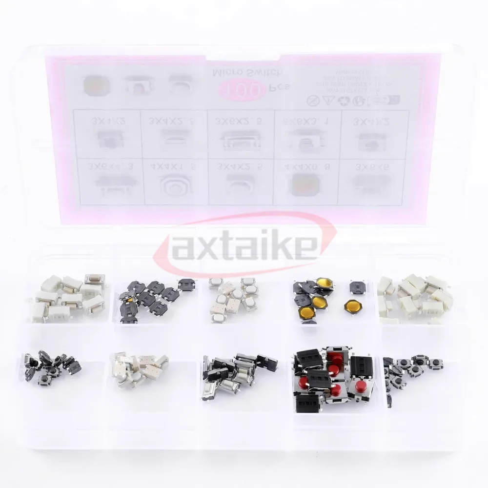 100PCS 10 Models Tact Switch Tactile Push Button Switch Kit: 3*4*2mm 3x6x4.3mm 2Pin 3x6x2.5mm 4*4*1.5mm SMD 4 Feet