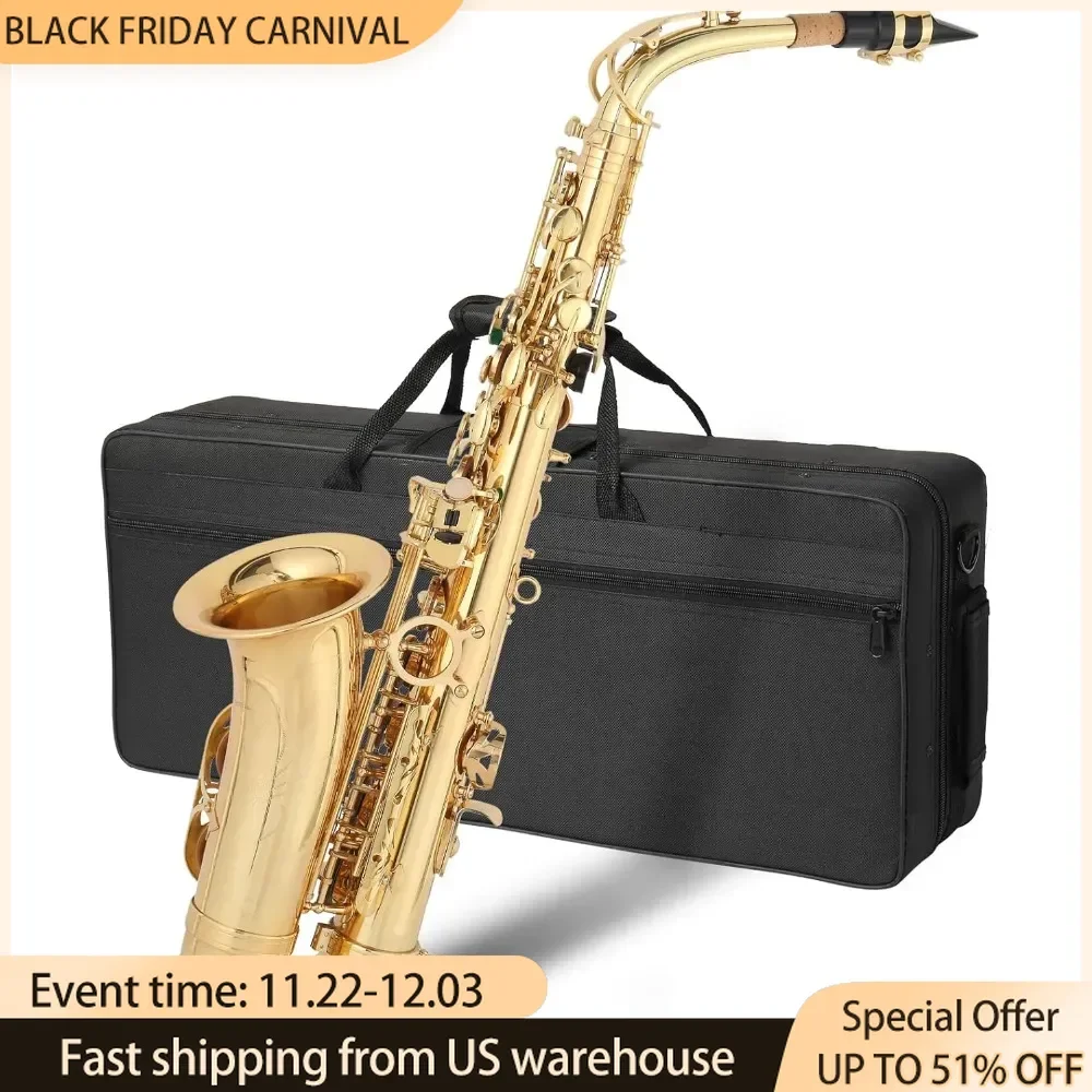 Saxophone, Mouthpiece, Cleaning Brush & Cloth, Strap Accessories, Brass Alto Saxophones Instrument with Carry Case