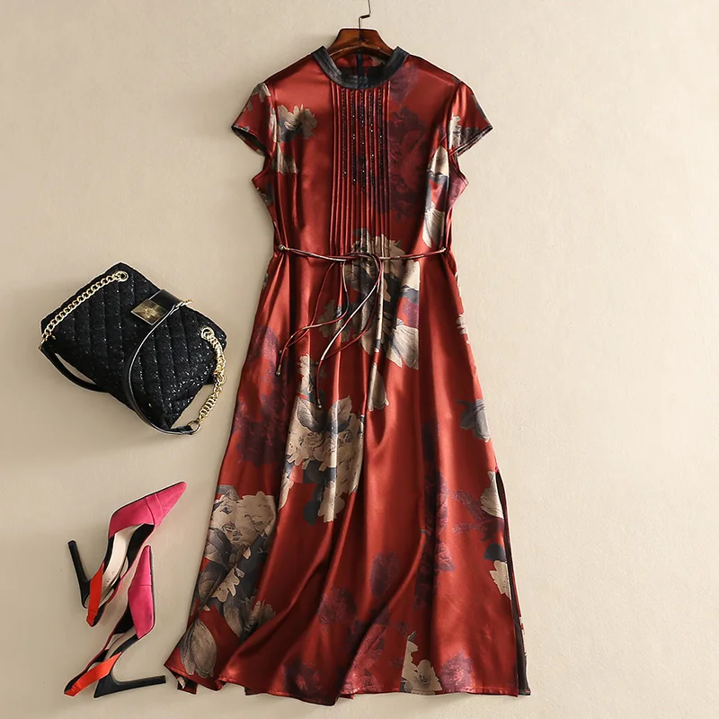 High Quality Xiangyun Yarn Heavy Real Silk Dress for Women Long New Wide Lady Print