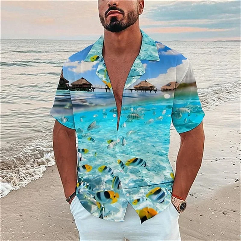 Camisa hawaiana con estampado 3D para hombre, cárdigan azul cielo de manga corta con botones, 5XL talla grande, Verano