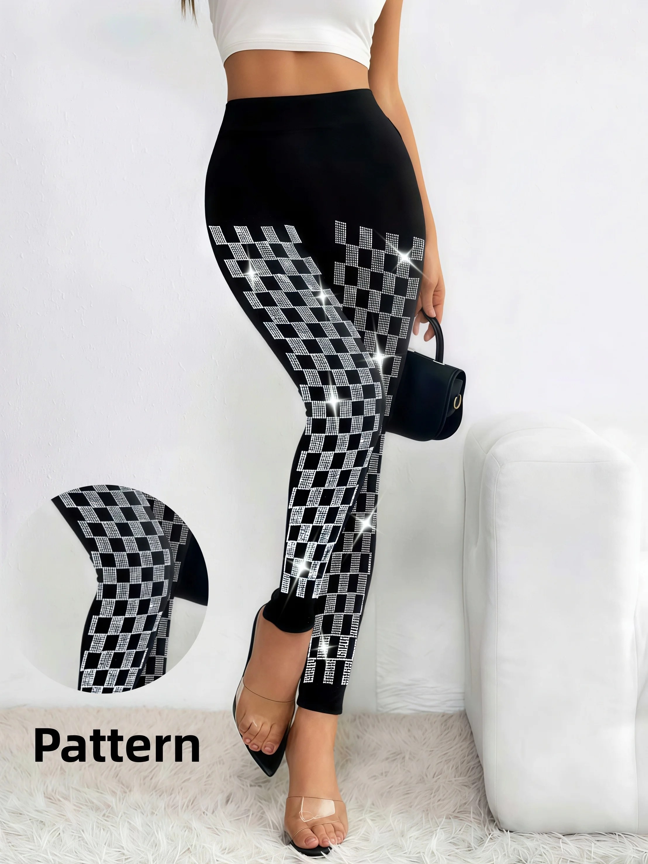 Women's High Waisted Checkered Rhinestone Sparkly Tight Leggings Grid Plaid Glitter Shiny Skinny Pants Casual Daily Fashion Club