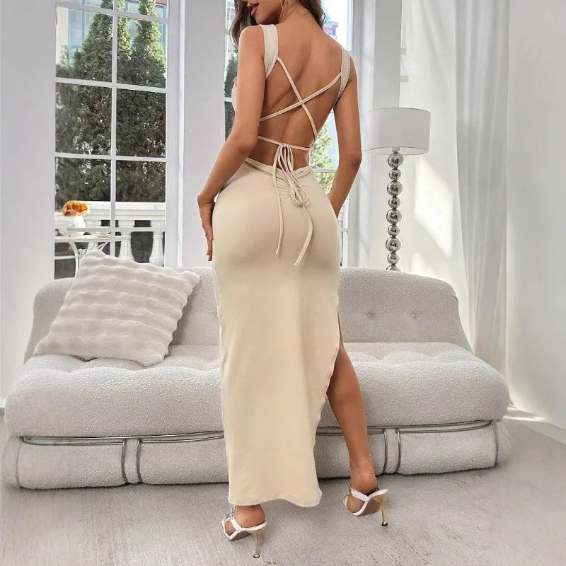 New Stylish Solid Color Slip Dress Thigh-high Slit Sexy Long Bodycon Dress Backless Evening Gown for Women Black Dress