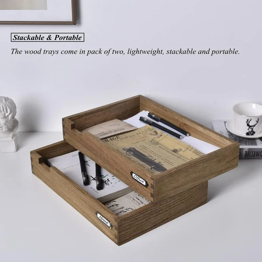 علبة مكتب خشبية قابلة للتكديس لتنظيم الحروف المكتبية مكونة من قطعتين - منظم مكتبي من طبقتين مع حامل بطاقة ملصق معدني لـ Effi #3