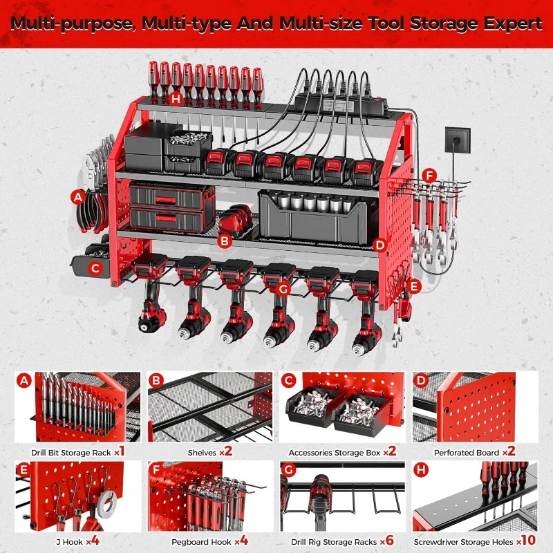 Power Tool Organizer Wall Mount with Charging Station. Patented, Heavy Duty Steel, Garage 6 Drill Storage Shelf, 8 Hooks