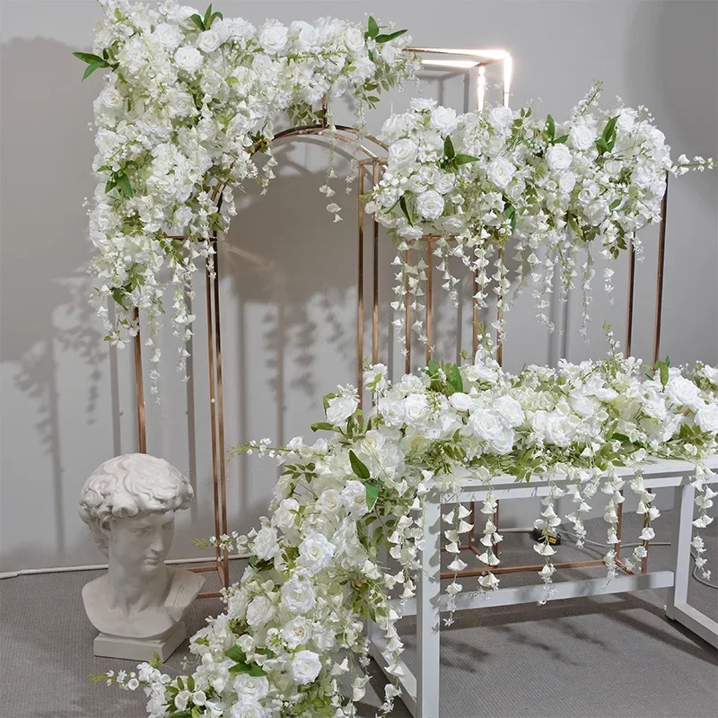 

White Luxury Floral Arrangement Wreath Decor Wedding Table Centeriece Golden Stand Arch Flower String Runner Event Props