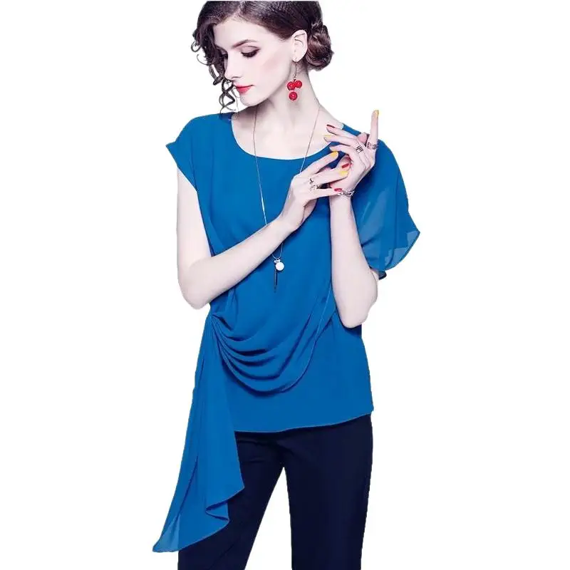 Camisas de Chiffon Casual Feminina, Manga Curta, O-Neck, Sólido, Batwing, Escritório, Lady, Verão, Novo, Moda, 2022