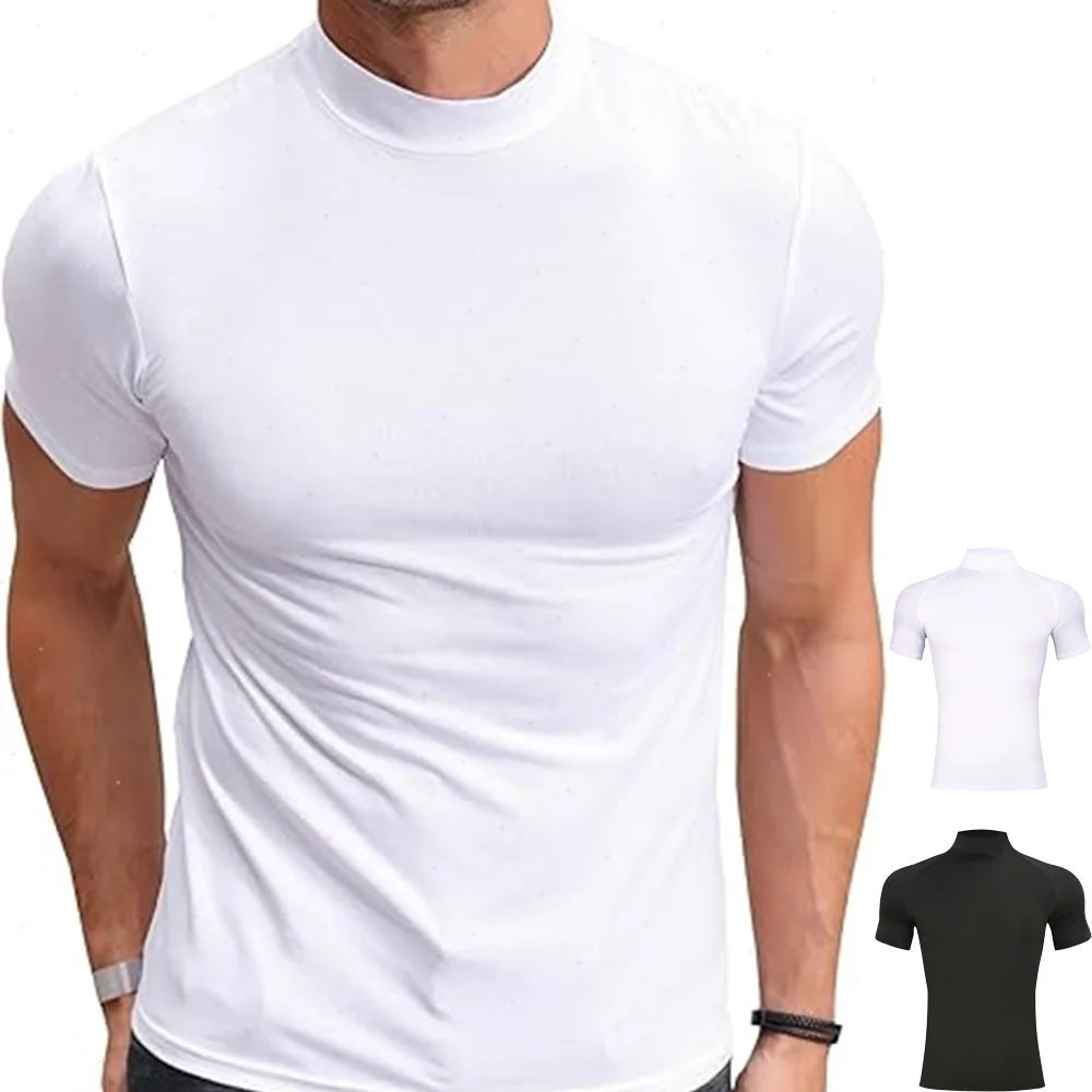 

Mens Casual Turtleneck Mock Neck T Shirt Quick Dry Compression Short Sleeve Tight Tops Bodybuilding Sports Gym Fitness Running