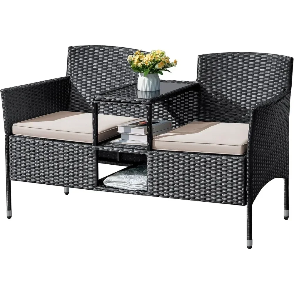 Outdoor Furniture Patio Loveseat Wicker 2-Seat with Built-in Table and Cushions Rattan Porch Chairs Bench for Balcony, Lawn