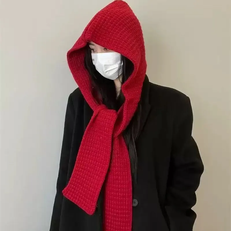 Autumn and Winter Dual-use Hooded Shawl Hat Warm Scarf Integrated Hats Two-piece Set Cold-proof Woolen Knitted Caps