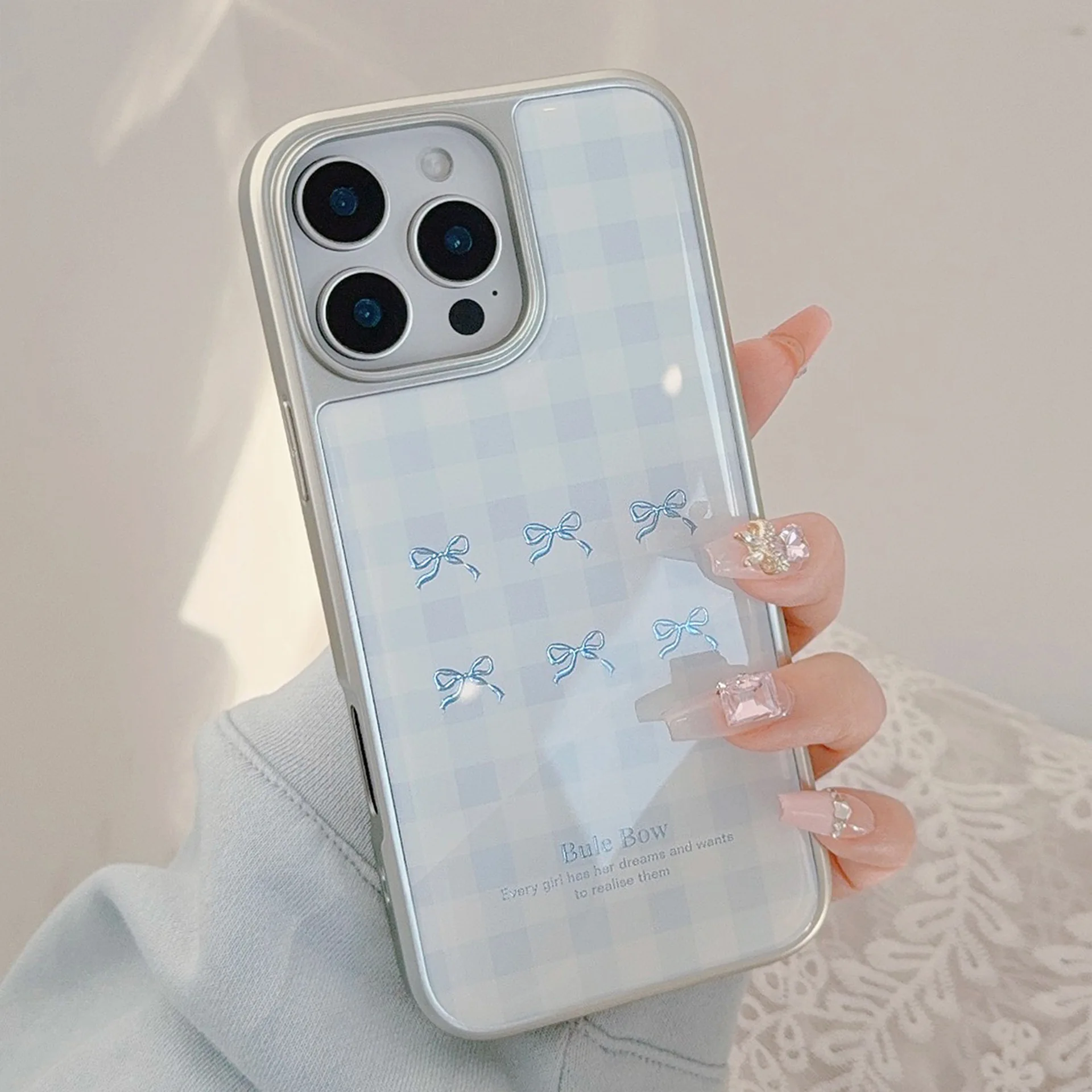 Gilding Blue Bowknot Grid Pattern Plating Silver Border Drop Glue Phone Cover Case for iPhone 17 16 15 14 13 12 Pro Max Plus