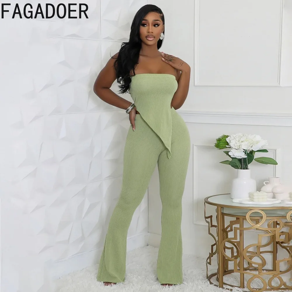 FAGADOER Fashion Streetwear Women Sleeveless Backless Irregular Tube And Skinny Pants Two Piece Sets Elegant Lady OL 2pcs Outfit