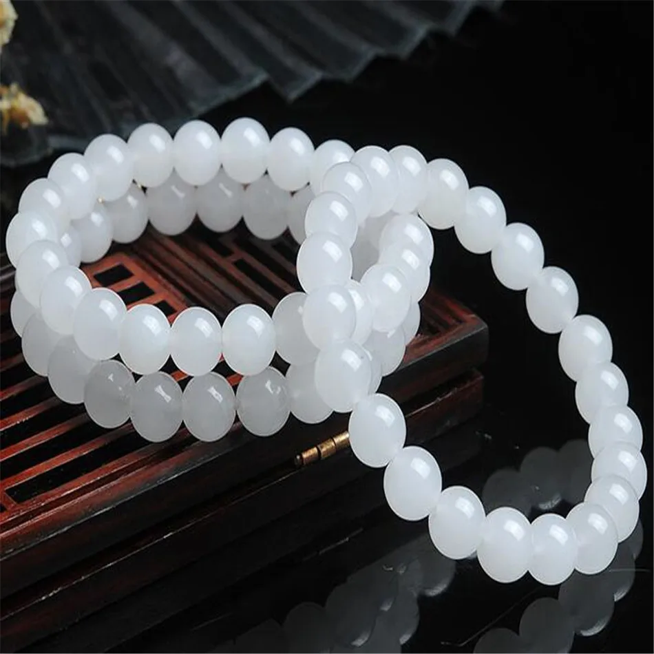 

8mm White Hetian jade Gemstone Mala Bracelet 7.5 inches Ethnic Link Jewelry Lovers Semi-Precious Stones Cuff Prayer