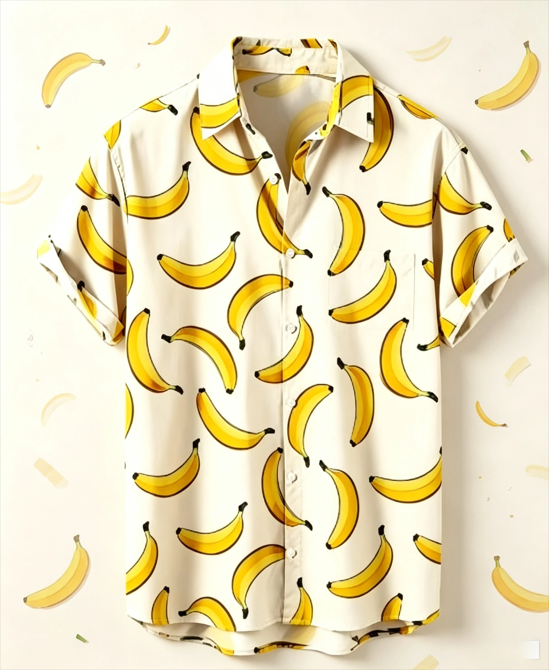 Men Short Sleeve Shirt Yellow Banana Fruit Print Turn‑Down Collar Button‑Up Beach Summer Top