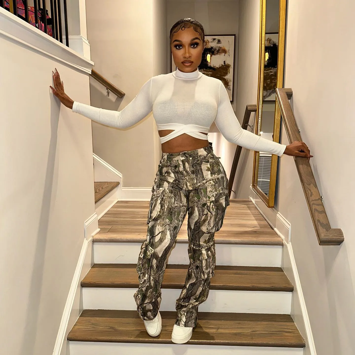 Women Cargo Pants Camouflage Print Straight Trousers Multiple Pockets High Waist Autumn Female Vintage Streetwear Full Length