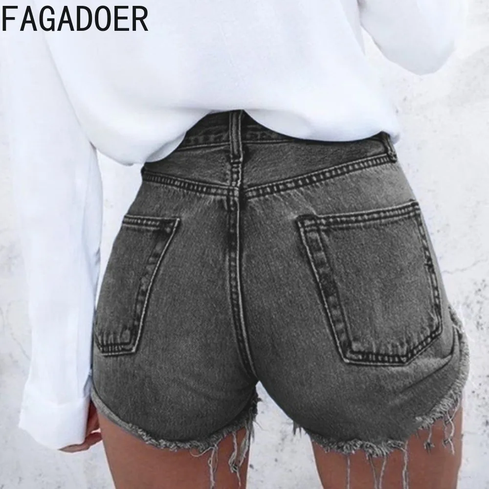 

FAGADOER Fashion Solid Color Hole Jean Shorts Women High Waisted Button Pocket Slim Bottoms Female Skinny Hot Girl Denim Bottoms