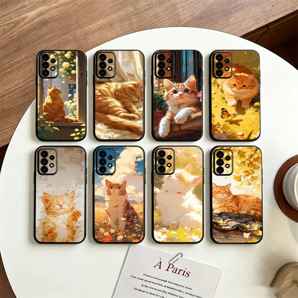 Orange Tabby White Cat For Samsung S25,24,21,22,23,30,Ultra,20,Plus Black soft silicone case