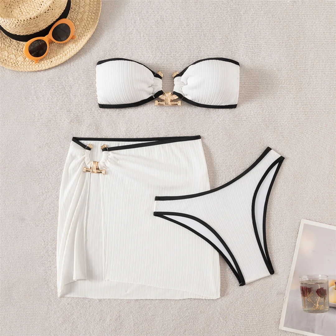 3-teiliges Set mit Rock, Bandeau-Bikini, Metallring, Damen-Badeanzug, dreiteiliger Bikini, Damen-Badebekleidung, Badeanzug, Schwimmanzug V7611 – Detail 3