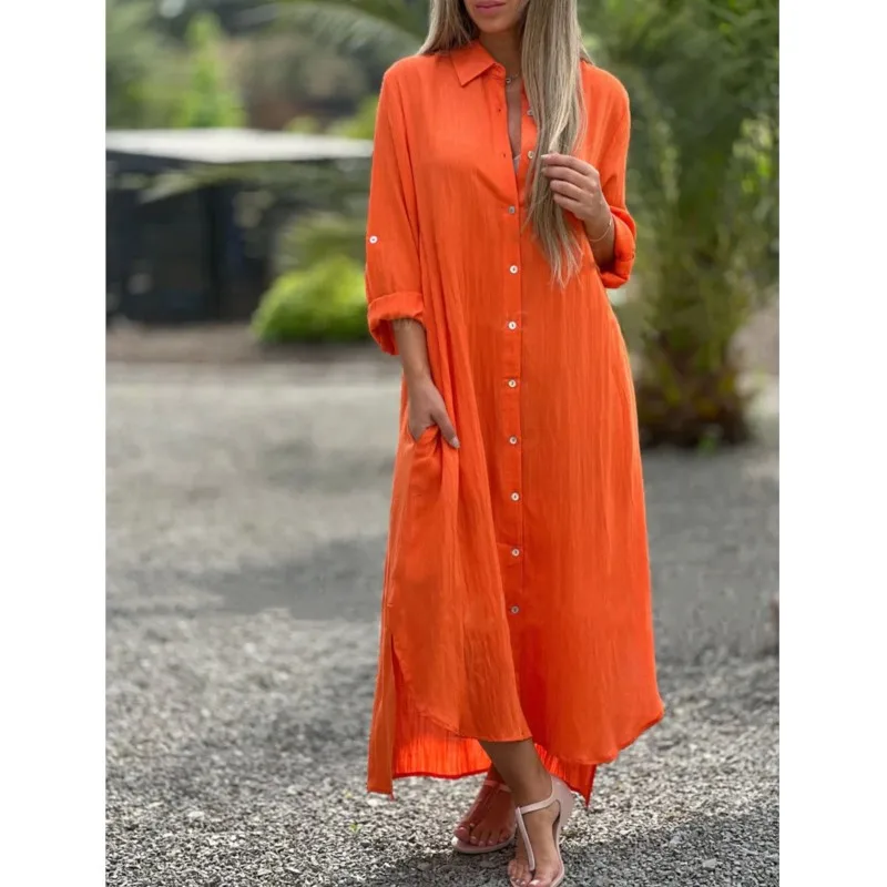 Ladies Lapel Collar Dress Stylish Women's V-neck Shirt Dress with Pockets Side Split Loose Fit Midi Dress for Beach Holiday Robe