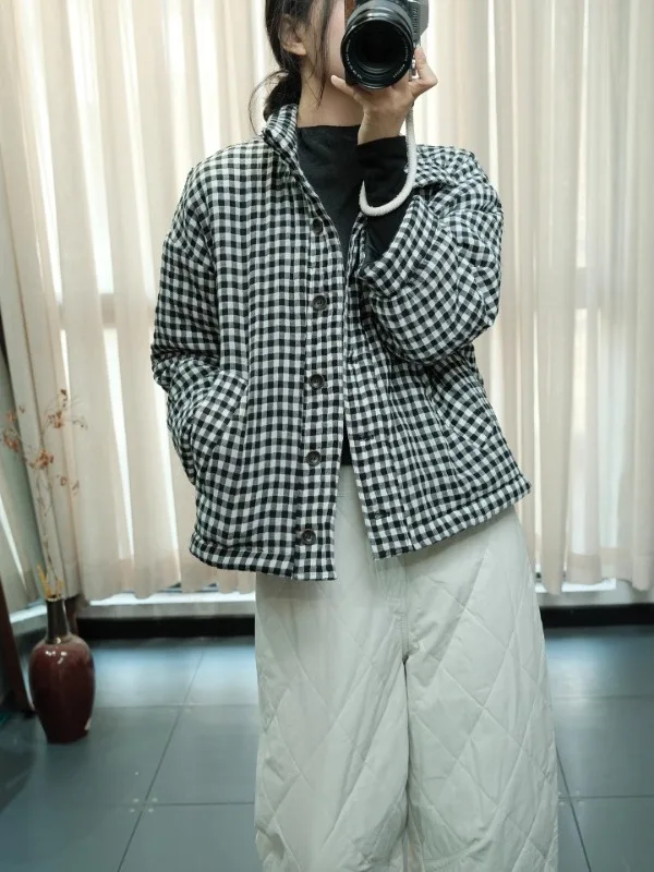 

Retro Cotton Linen Plaid Women's Winter Coat Loose Versatile Thi Warm Single Button ort Cotton Jaet Outerwear