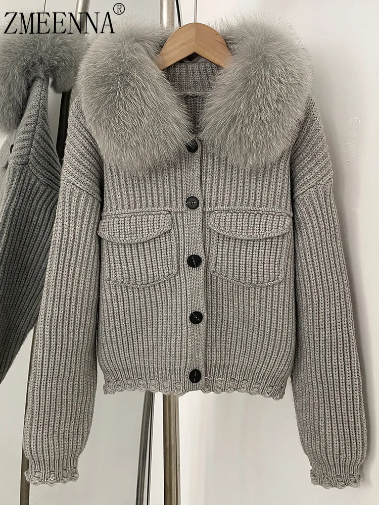 

ZMEENNA Womens Short Ribbed Knit Cardigan Sweater Faux Fur Collar Button Up Pockets Warm Winter Outerwear Gray ZM4457