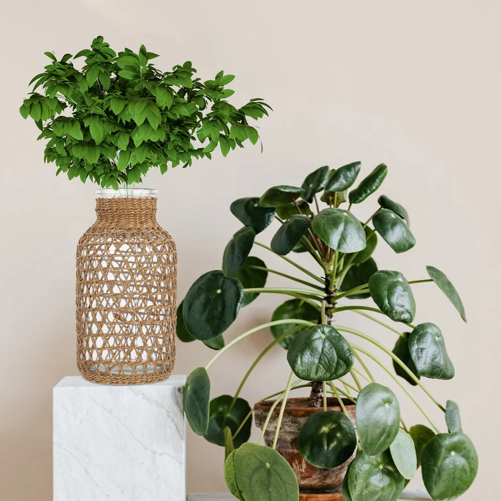 

Woven Glass Dried Flower Vase Straw Rustic Table Centerpiece Decorative Home Office Vase Desktop Flower Holder