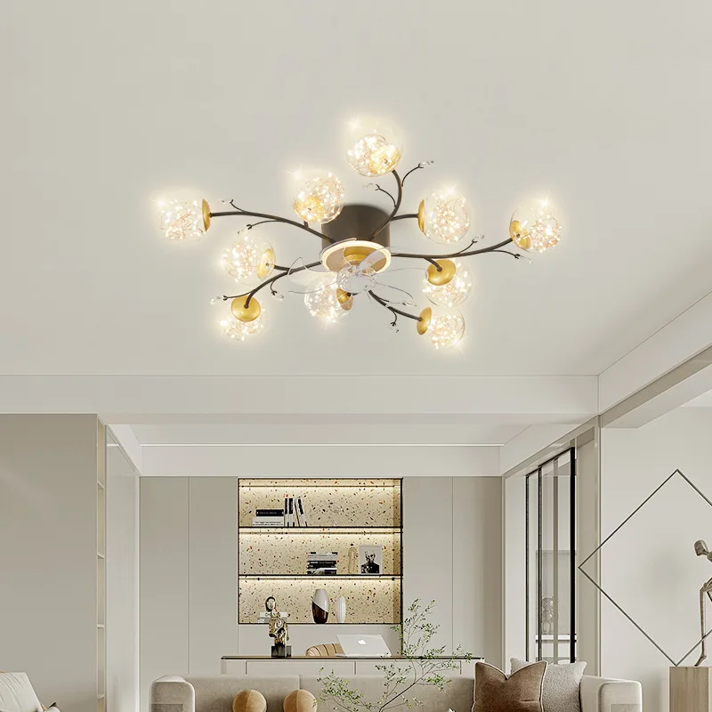 

New living room fan ceiling lamp creative starry sky warm romantic individual elegant Dining Bedroom Silent electric fan lamps