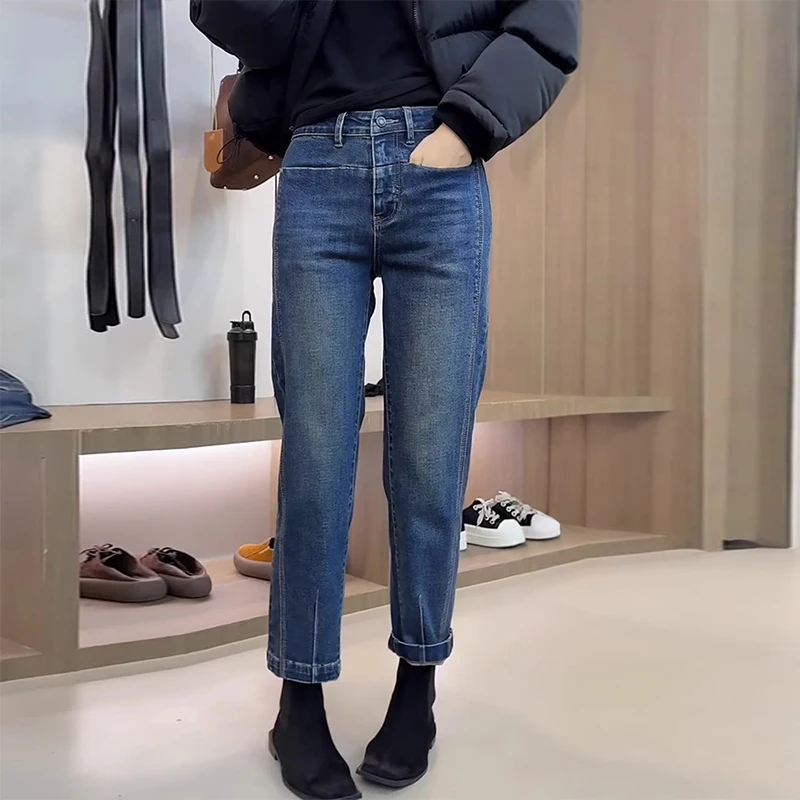 

High Waist Elastic Slim Fit Straight Leg Jeans Women's Fall Winter New Style Breadstick Denim Pants plus Size Casual Wear