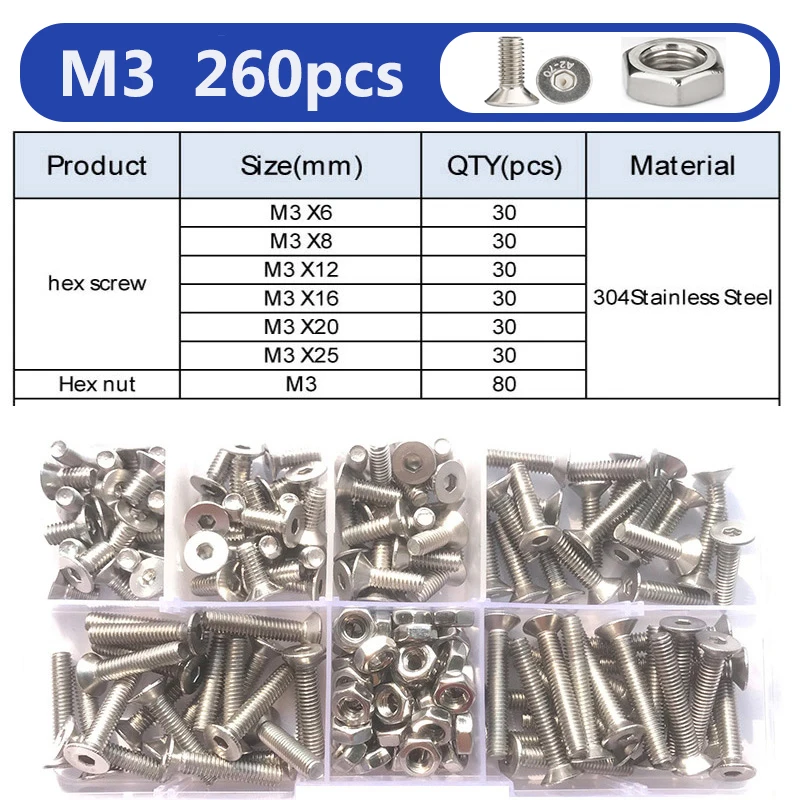 Innensechskantschraube M2 M2,5 M3 M4 M5 M6 DIN7991 Edelstahl 304 Innensechskant Innensechskant Flachsenkkopfschraube und Mutternensatz – Detail 10