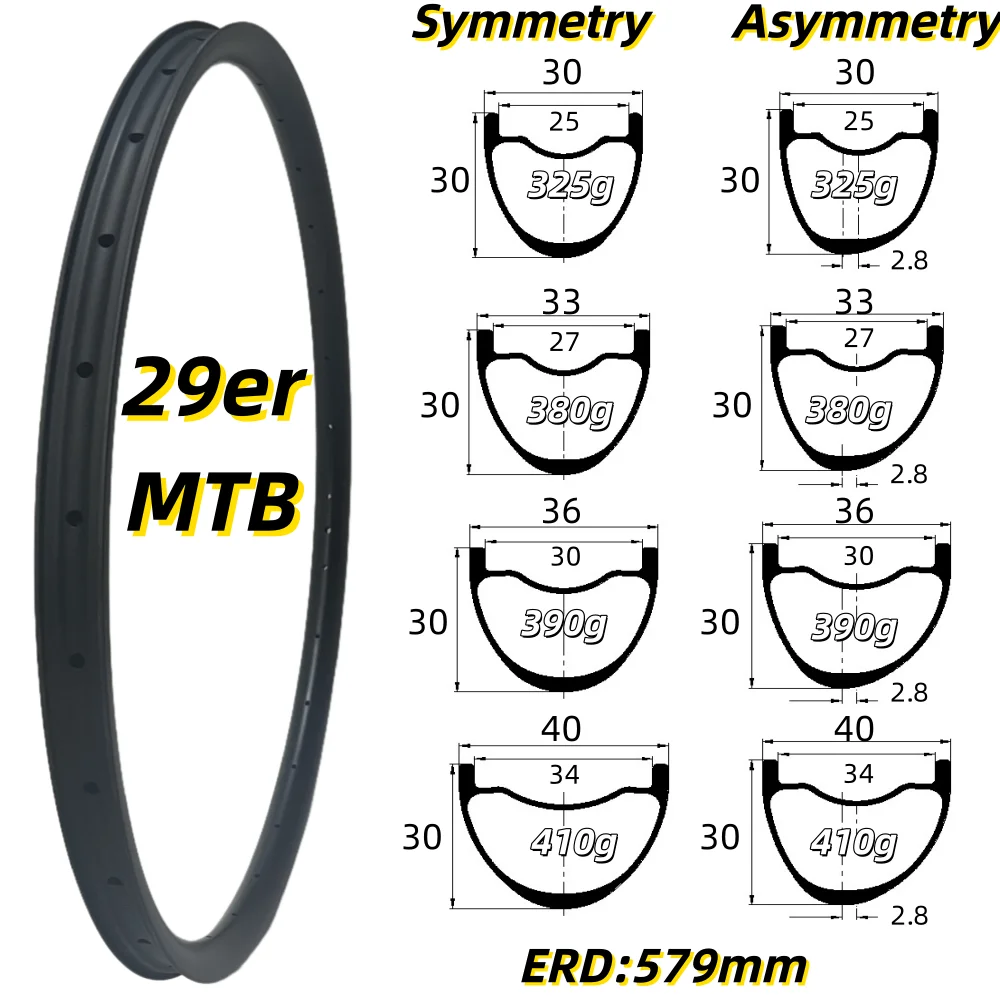 

29er MTB Carbon Rims 30/33/36/40mm Width 30mm Hight Super Light Tubeless/Hookless 29ER MTB Carbon Rims