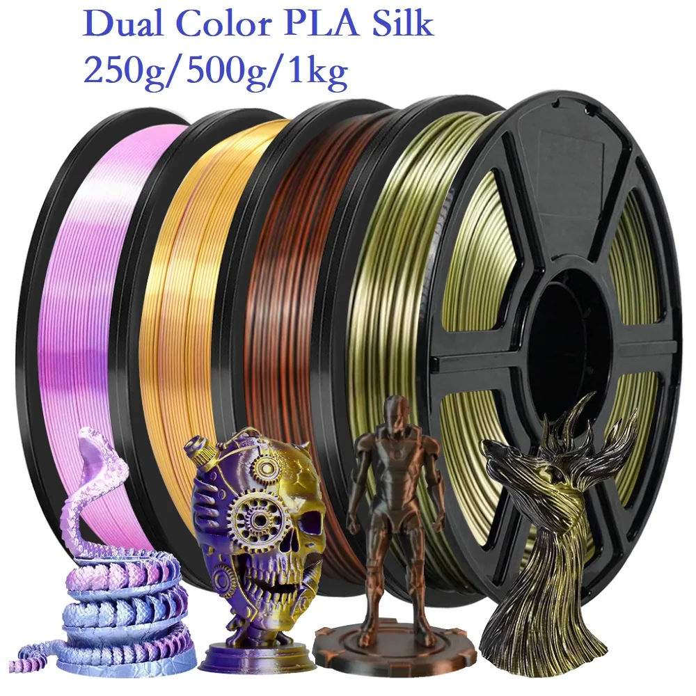 

Двухцветная нить шелковая PLA 1,75 мм, 1 кг, 500 г, 250 г, 3D-принтер, пластиковый материал, блестящая нить PLA, многоцветная, черный, красный, синий, зеленый