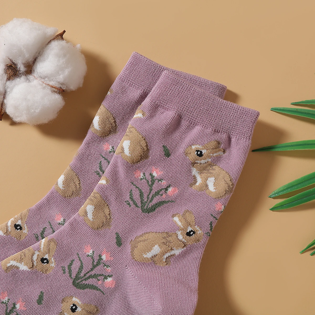 5 Pairs Women Crew Socks Cute Rabbit Floral Print Soft Cotton Purple Casual Ladies Daily Socks Set