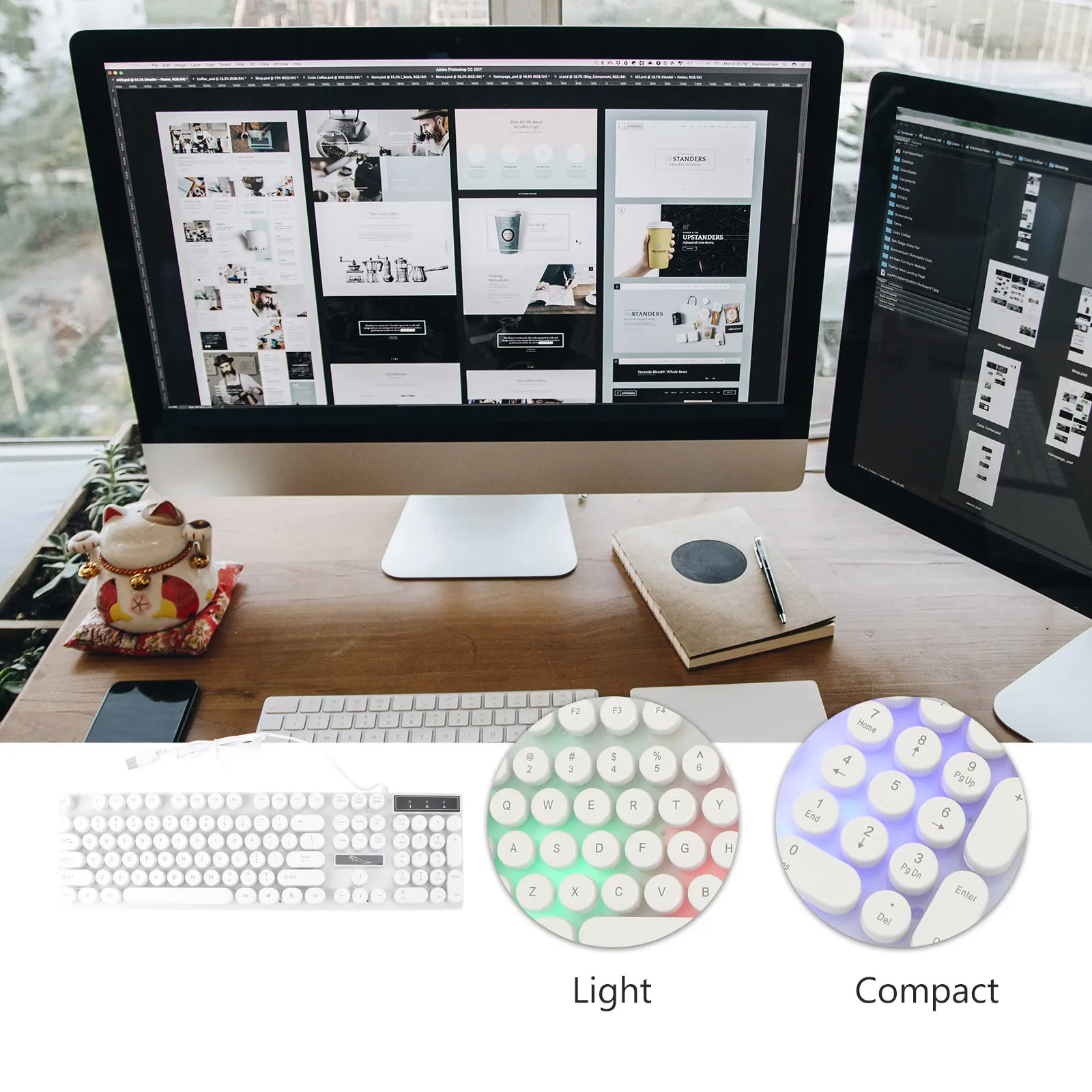 USB Glowing Computer Keyboard White Creative Round Keys Portable Keyboard Mouse Set for Travel Outdoor Use Comfortable Typing