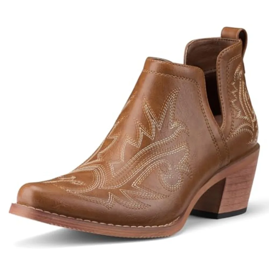 

Rollda Cowboy Ankle Booties for Women, Cowgirl Short Boots with Chunky Stack Heels, V Cutout Ladies Western Booties for Cowboy