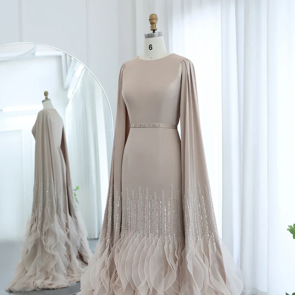 Luxury Beads Evening Dresses with Cape Sleeves Fashion O-Neck Ruffles Mermaid Party Gowns Exquisite Sweep Train Prom Dresses