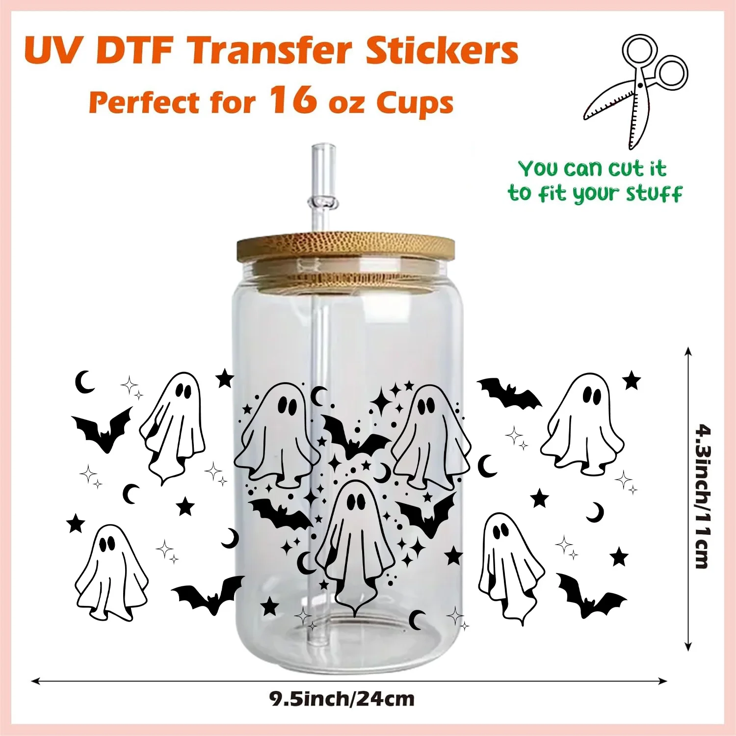 Halloween ghost Series Easy peel waterproof DIY Decals 3D transfers uvdtf crystal stickers 16oz uv dtf cup wraps for Glasses