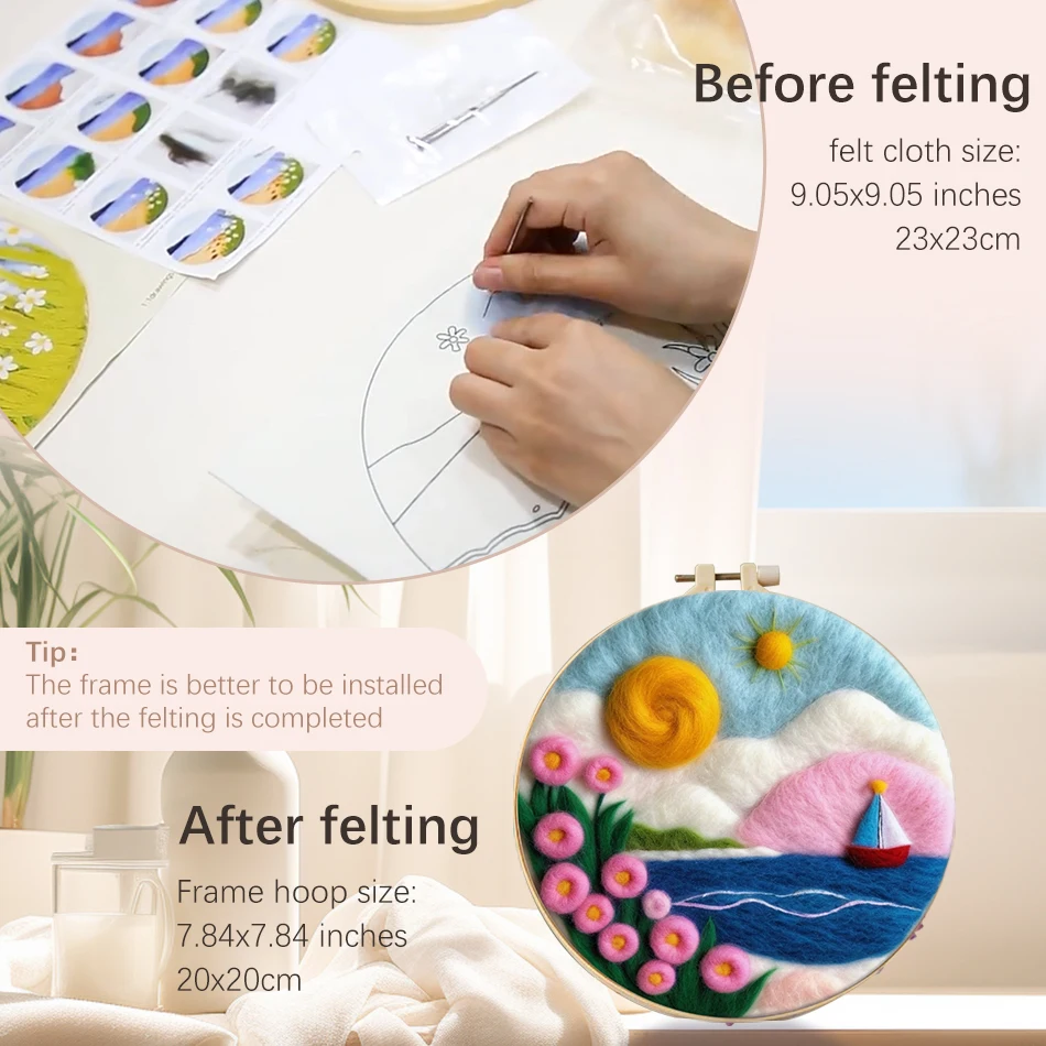 CHENISTORY 20x20cm Frame With Wool Felting Painting Kit Landscape Funny Diy Felt Crafts Package Felt Needle For Home Decoration