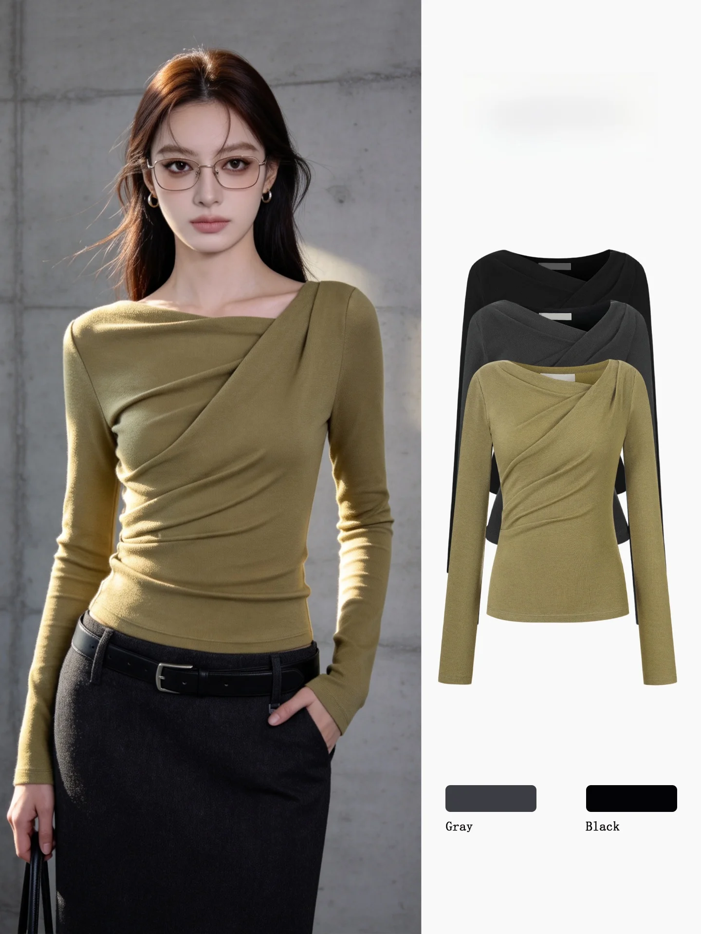 American Style Women's Short Sleeve T-Shirt Spring Autumn Waist Cinching Pleated Design Commute Slim Asymmetrical Long Sleeve...