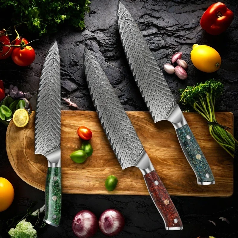 Damascus Kitchen Knife Set Vg10 Japanese Stainless Steel Super Sharp Meat Cleaver Empty Rice Husk Handle Damascus Knife