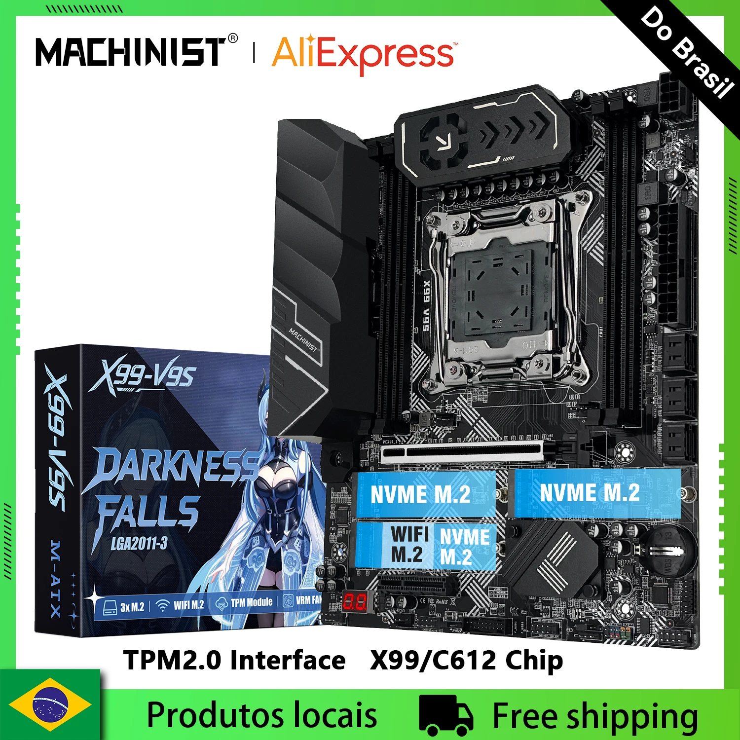 Placa-mãe MACHINIST X99 V9S com Chip C612, Suporte para RAM DDR4 de Quatro Canais, CPU LGA2011-3 com Slot TPM M.2, USB3.0 Blindado Preto