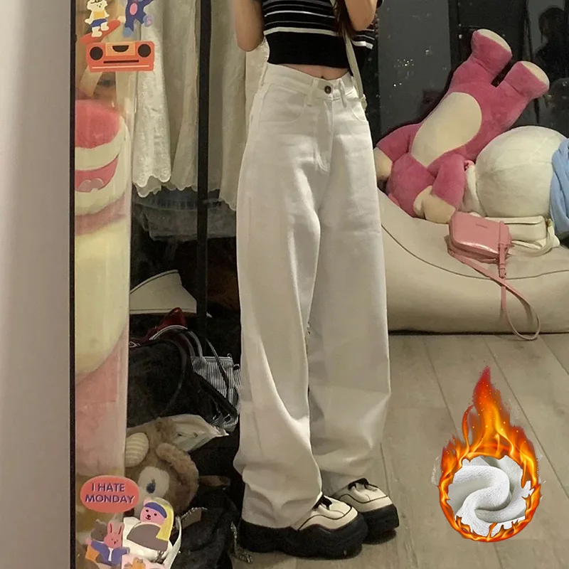 Winter Lady Solid High Waist Plush Thermal Jeans Hot Sale Girls Fleece Denim Pants Female Snow Warm Straight Leg Trousers