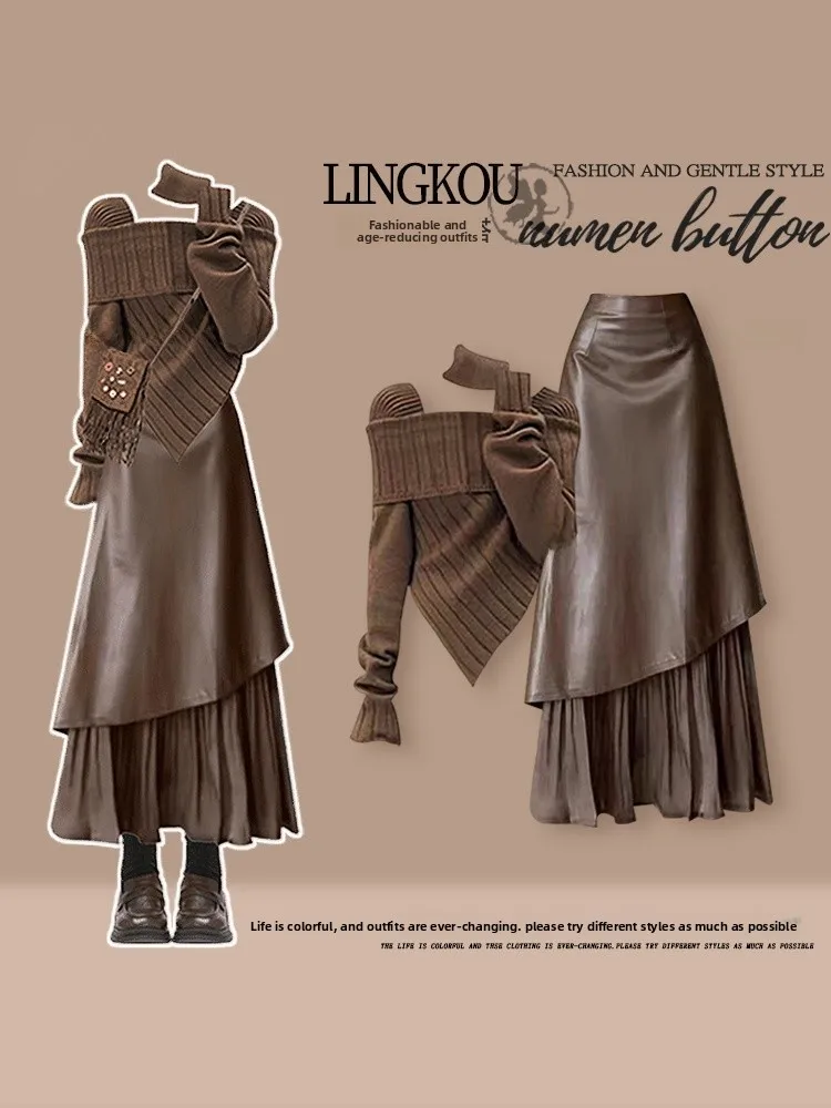 

Ретро-комплект для полных женщин на осень: асимметричный вязаный свитер с эффектом омоложения и юбка в стиле американского люкса — комплект из двух предметов...