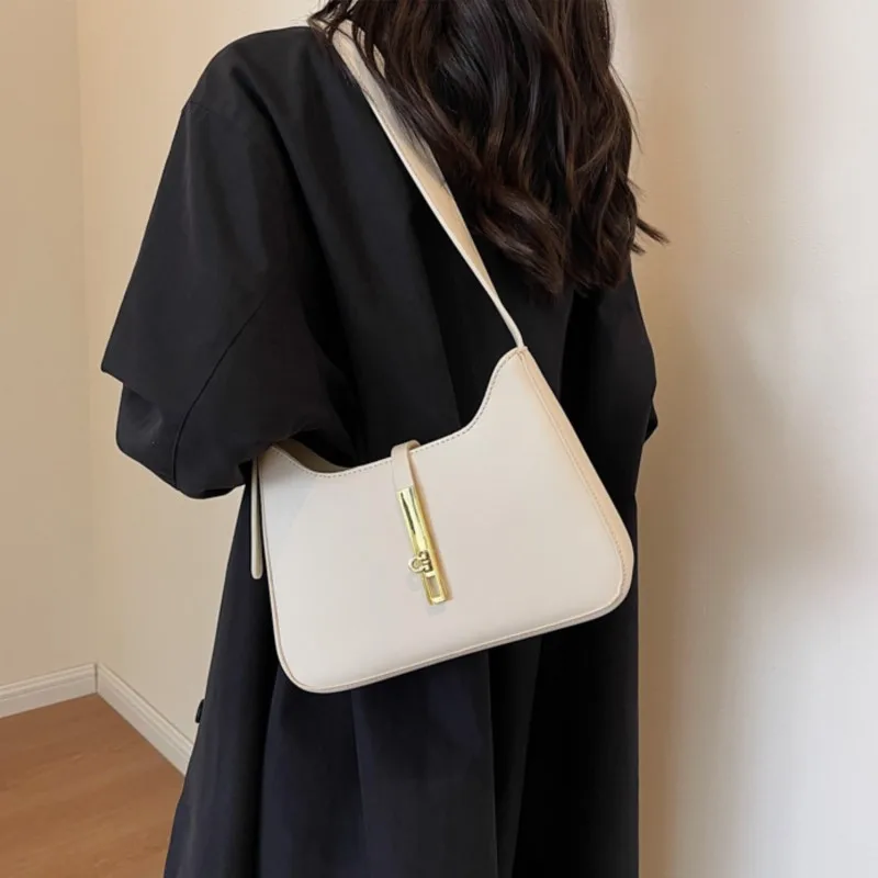 Fashion Luxury Shoulder Bag Women 2024 New Solid Color PU Leather Simple Handbag Lady Casual Vintage Black White Underarm Bags