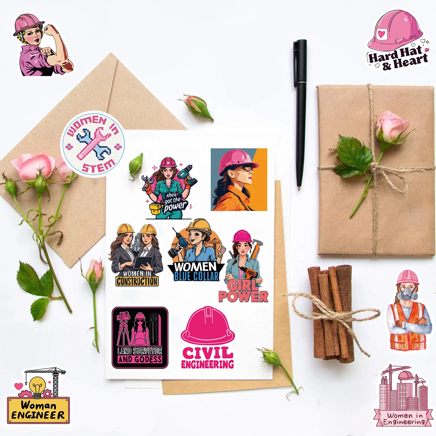 50PCS Female Safety Helmet Stickers Laptop Graffiti Stationery Colorful Scrapbooking Phone Kraft Paper Wall Room Bar Decor
