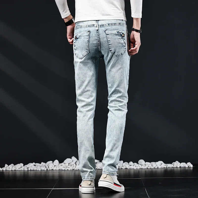 Slim Skinny Jeans Men New Elastic Korean Design Fashion Multi-Button Blue White Vintage Wash Cotton Stretch Denim Pants Trousers