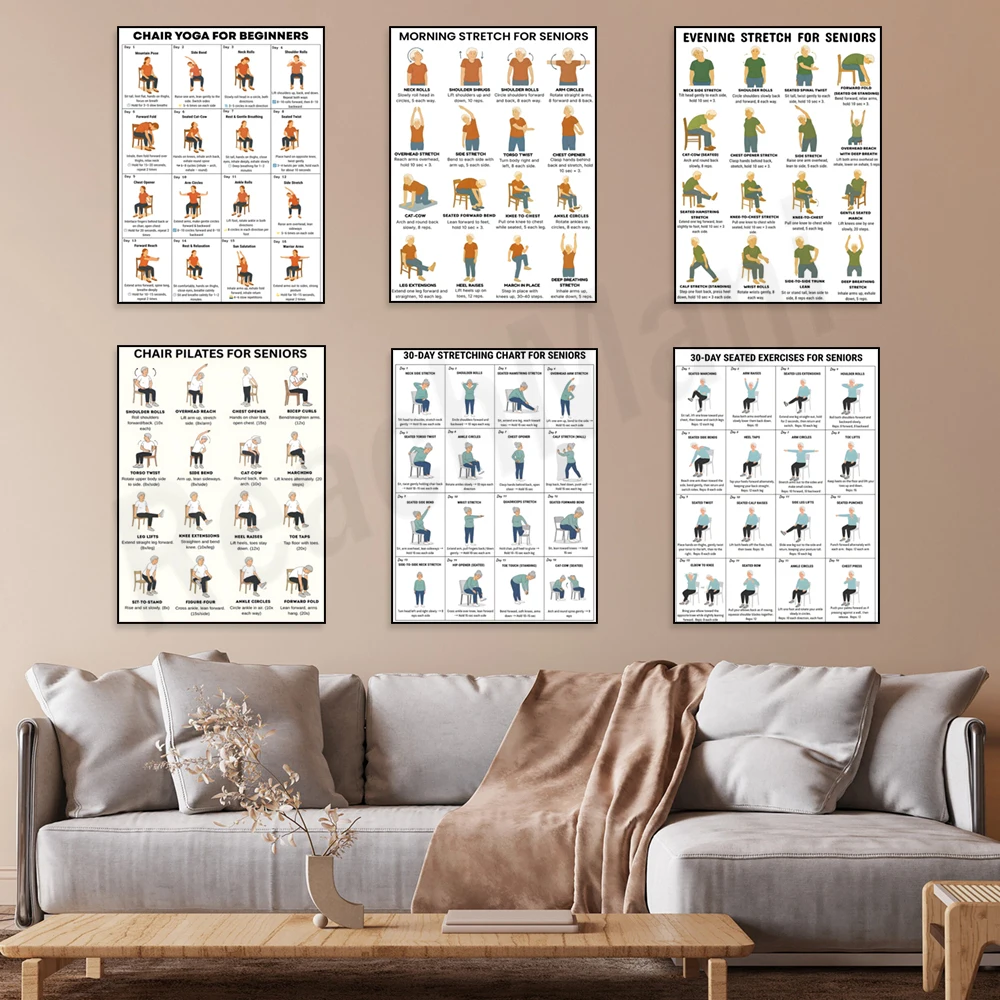 Chair yoga poses, seated Pilates and stretching for seniors, gentle exercise charts, arthritis exercise posters (printed).