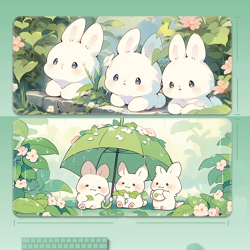Cartoon Cute Green Leaf Bunny Large Mouse Pad | Creative Fresh Eye-Protection Computer Keyboard Desk Mat for Office Study Home
